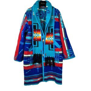 Vintage 80s Blanket Coat Chief Pattern Wool Fringe Reversible Scarf Cowichan